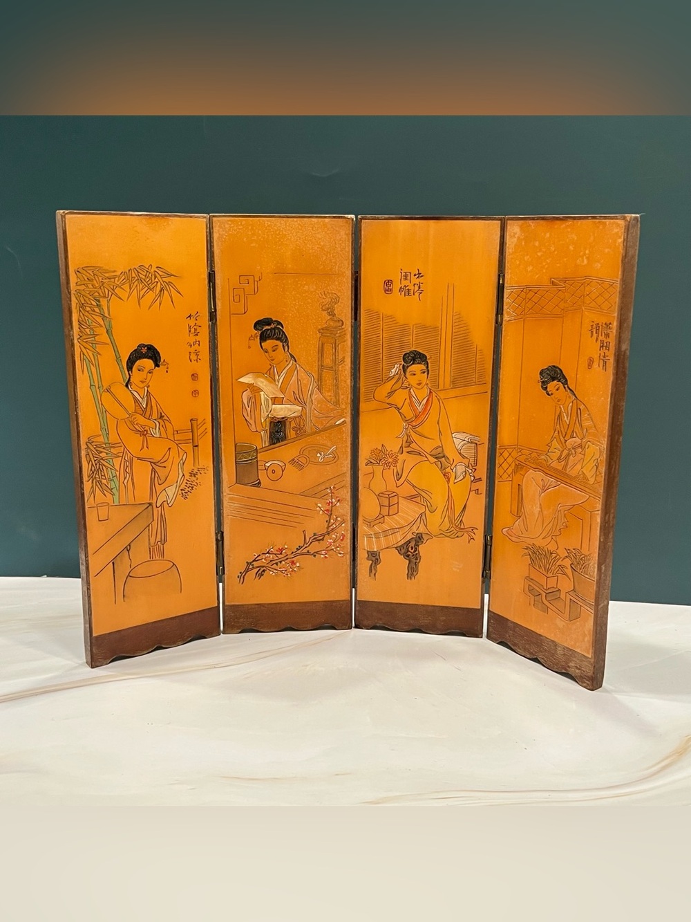 Vintage Chinese 4 Panel Folding Table Screen Divider Chinoiserie Wood Decor Art